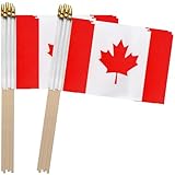 SIZE＆QUANTITY - 5.5x8.2 Inch Canada flags, 12.6 inch wood stick,pack of 12. COLORS＆MATERIAL - High-quality durable polyester ,screen printing, the pattern can be clearly seen on the front and back. REUSABLE - Special stitching technology, the joint b...