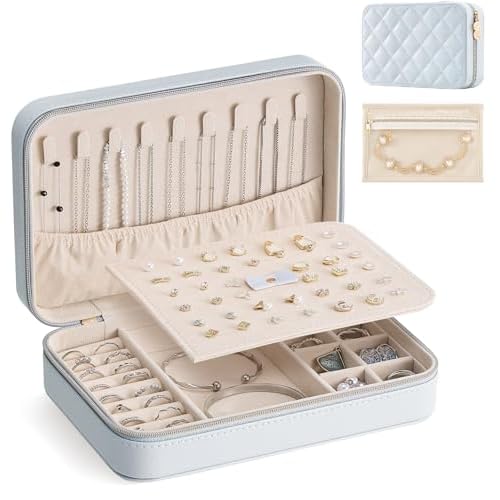 Lolalet Travel Jewelry Case for Women Girls, PU Leather Jewelry Organizer with Clear Storage Bag Small Portable Jewelry Box for Necklace Bracelet Earring Ring Mothers Day Birthday Gifts -Lar
