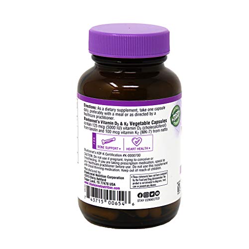 Bluebonnet Nutrition Vitamin D3 & K2, Soy-Free, For Strong-Healthy Bones*, Gluten-Free, Non-Gmo, Dairy-Free, Kosher Certified, Vegetarian, 60 Vegetable Capsules, 60 Servings #TOP7