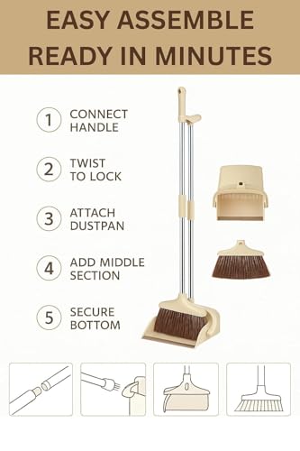 Image of Stand Up Dustpan and Broom Set with Long Handle - Upright Floor Cleaning Broom Combo with Self Cleaning Teeth Design, Heavy Duty Plastic Dustpan for Home, Kitchen, Office and Indoor Use