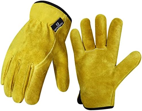 WESTWOOD FOX Leather Work Gloves for Men Women Gardening Gloves Builders, Mechanic Thorn Proof Safety Construction Breathable Working Gloves Heavy Duty Garden Gloves (Medium, yellow)