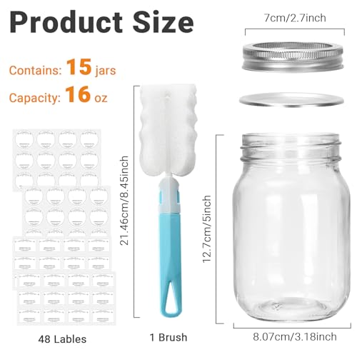 DHSBTLS 16 oz Clear Glass Mason Jars with Silver Split Metal Lids, 15 Pack by DHSBTLS - Used condition - Image 2
