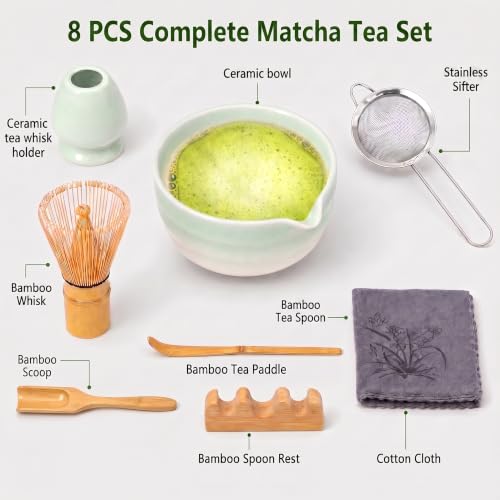 Miniatura 3 de Kdishkra 8 Piezas Matcha Kit, Te Matcha Kit Para Amantes Del Matcha, Con Cuenco Matcha Pico , Batidor Matcha, Cuchara, Colador, Soporte Chasen Etc, Kit Matcha Para La Ceremonia Del Té Verde