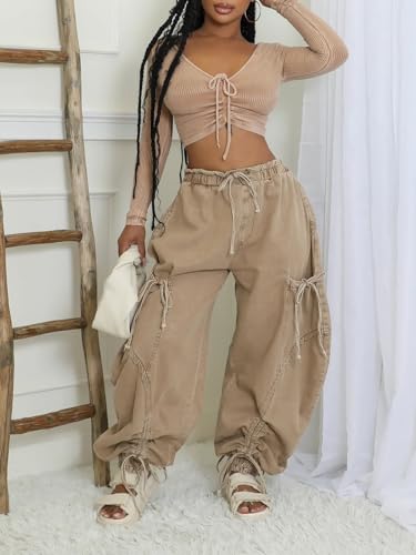 Famnbro Womens Barrel Jeans Baggy Cargo Jogger Y2k Drawstring Bow Jeans Sweatpants Wide Leg Denim Pants2