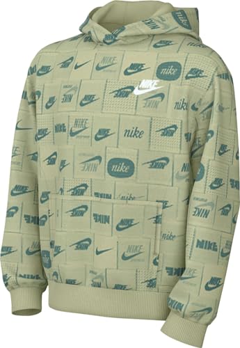 Nike Sportswear Club Fleece Big Kid's Printed Pullover Hoodie (US, Alpha, X-Small, Regular, Olive Aura/White)