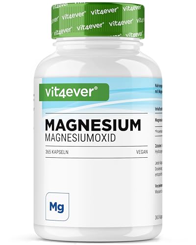 Magnesium hochdosiert - 365 Kapseln (Jahresvorrat) - 667 mg davon 400 mg reines Magnesium pro Tagesdosis aus Magnesiumoxid - ohne unnötige Zusätze