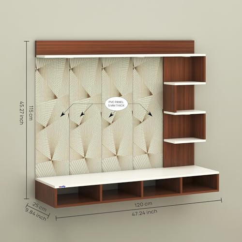 Image of Laura Engineered Wood Wall-Mount TV Unit with Printed PVC Back Panel & LED Lights | TV Cabinet with Storage Box & Decorative Shelves (Walnut /White) for TVs up to 43 Inch | DIY Installation