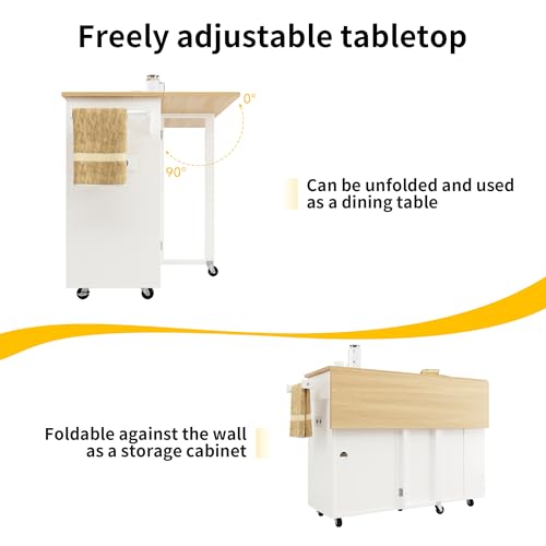 LAKFEW Isla Cocina con Ruedas y Enchufes, Aparador Cocina con Tablero Plegable y Botellero, Mueble Auxiliar de Cocina Isla de Cocina con 2 Cajones y Toallero, 131.5x43(76) x90.7 cm, Blanco+Natural - imagen 4
