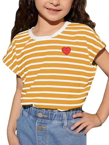 Image of SOLY HUX Girl's Cute Striped T Shirts Short Sleeve Heart Casual Teen Tee Tops Preppy Clothes Yellow Striped 12 Years