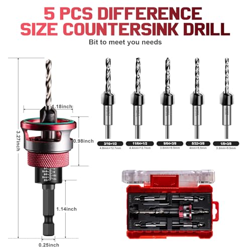Senkbohrer Holz Set 5 Stück, Bohrsenker mit Tiefenanschlag, Senker Holzbohrer mit 1/4 Hex Schaft, aus HSS-M2, präzise Bohrungen, Enthält Kreuzschlitz-Schraubendreherbit, für Holzverarbeitung
