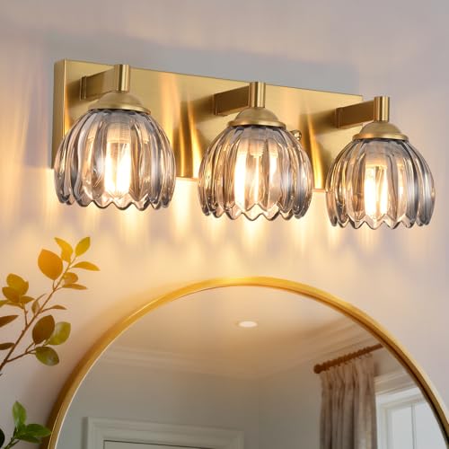 Image of Bathroom Vanity Light Fixtures, 3-Light Brushed Gold Bathroom Light Fixtures Over Mirror, Antique Wall Lights with Smoke Gray Glass Tulip Light Shade for Mirror, Kitchen, Hallway, Cabinet, Porch
