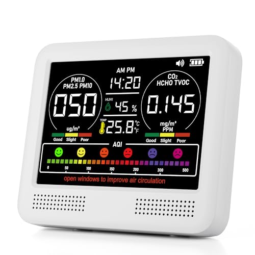 Image of 16-in-1 Indoor Air Quality Monitor with PM1.0,PM2.5,PM10,CO2,HCHO,TVOC,Temperature,Humidity,Time Display &7 AQI Alarms - Professional Air Quality Tester for Home, Office & Indoor Use (Milky White)
