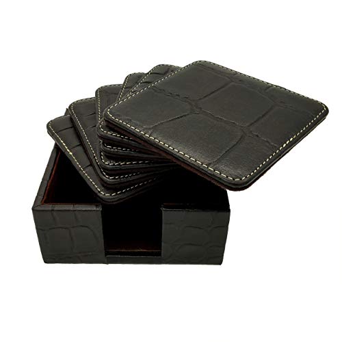 Image of Genuine Leather Square Shaped Coasters Set of 6| Heat-Resistant, Durable & Non-Slip Coasters for Home & Office I Perfect for Any Beverage (Color - Black)