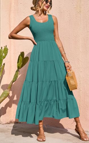 Image of PRETTYGARDEN Women's 2026 Casual Loose Plain Maxi Sundress Smocked Tank Dress Sleeveless Summer Beach Tiered Long Dresses