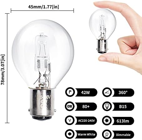 Luxvista Halogen Golf Ball Light Bulbs, B15 Small Bayonet Cap SBC G45 42W Dimmable Classic Traditional Globe Clear Round Energy Saving Bulbs, Warm White 2700K Pack of 10