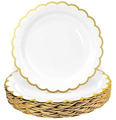 white paper plates with gold foil