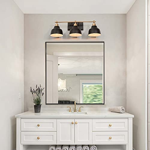 Image of KSANA Bathroom Light Fixture, 3-Light Black Bathroom Vanity Lights with Gold Socket, 24.5'' Large Modern Farmhouse Bathroom Lighting with Black Metal Shade