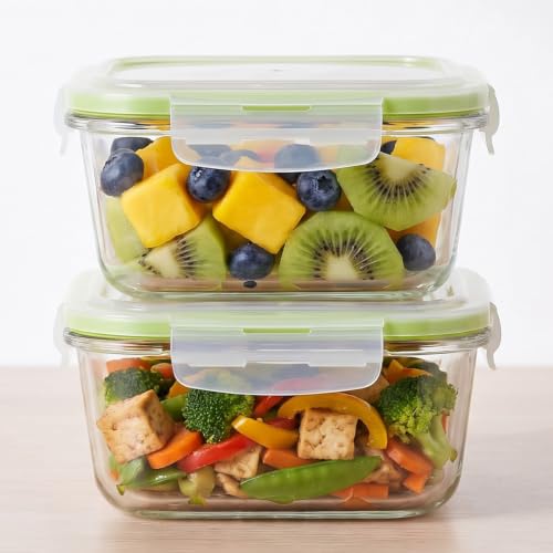 Image of Square Borosilicate Glass Containers with Lids, 800 ml Each, Set of 2 | 100% Food-Safe, Airtight & Leakproof | Microwave, Freezer & Dishwasher Safe for Lunch and Storage