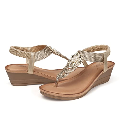 Shibever Boho Wedge Sandals For Women Dressy Summer Waking Low Wedge Sandal Thong Elastic Ankle Strap Jeweled Shoes Apricot 9 #TOP7