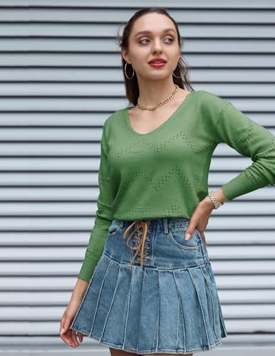 Image of Zeagoo Womens Sweaters Fall Trendy Casual Long Sleeve Shirt Lightweight V Neck Off Shoulder Crochet Pullover Top Outfit