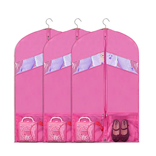 Univivi Dance Costume Bags Foldable 36 inch for Dance Competitions Garment Bag, with 2 Zipper Mesh Pockets and Clear Window, for Storage or Travel Set of 3 （Pink）