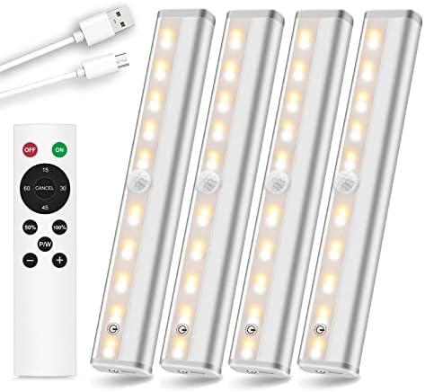 Rechargeable Underneath Cupboard Lighting with Distant, Dimmable Led Closet Lights Wi-fi Timing Underneath Counter Lights Stick on Contact Evening Lights for Stairs, Shelf, Bed room, Wardrobe, 3 Colours, 4Pack