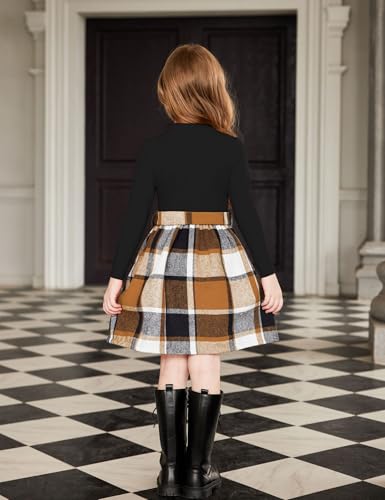 Arshiner Girls Dresses Long Sleeve Rib Knit Plaid Patchwork Belted Dress with Pockets2