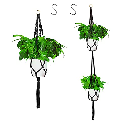 Lot de 2 paniers suspendus en macramé - Corde en coton - Pour pots de fleurs suspendus - Avec 2 crochets - Pour intérieur et extérieur - Décoration murale - Noir Cover