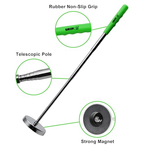 Grip Telescopic Magnetic Floor Sweeper Pickup Tool - 35 lb Capacity - Screws, Nails, Metal Shavings - Extends from 8\" to 34\" L