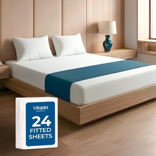 Image of Bulk 24-Pack Hotel Fitted Sheets Queen Size, White | Resort & Commercial Bedding, 16-Inch-Deep Pocket, Ultra Soft, Cooling, Breathable, Wrinkle Resistant, OEKO-TEX Certified