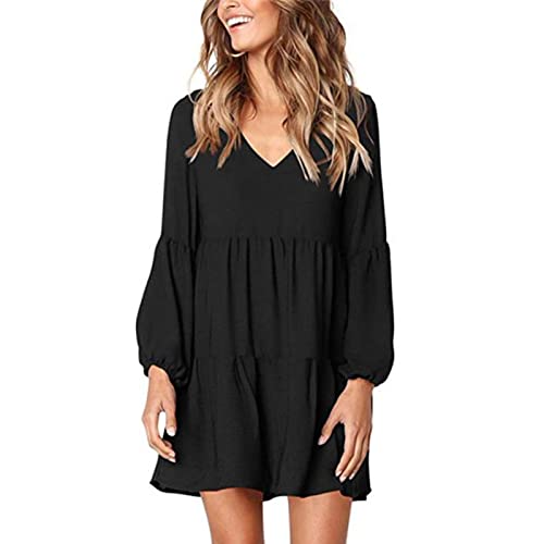 Vestido de Mujer con Cuello en V Y Volantes, Informal, Manga Larga, Linterna, Vestido a Media Pierna, Vestido de Cóctel, Vestido de Novia(M-Negro)