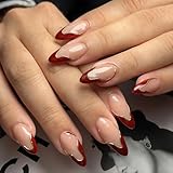 Floruvia 24 pièces Ongles Press-On Rouge French Tip Forme Amande Courte Faux Ongles avec Design Ligne Dorée 12 Tailles Ongles Acryliques à Coller Pour Femmes et Filles