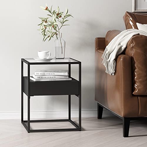 [en.casa] Comodino in Acciaio Tavolino Basso da Divano 51 x 40 x 40 cm con Piano Tavolo in Vetro Temperato Tavolino a Cubo con Cassetto e Scomparto Aperto - Nero Opaco