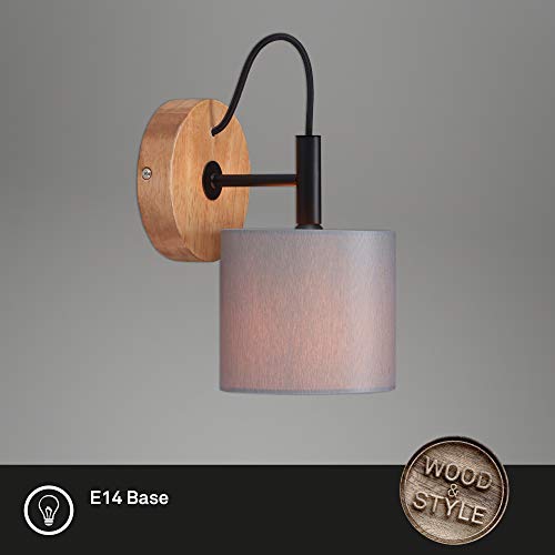 Briloner Leuchten - Spot, spot mural, lampe murale rétro, vintage, 1x E14, métal-bois avec abat-jour en tissu gris, 125x178mm (DxA) - Image 3