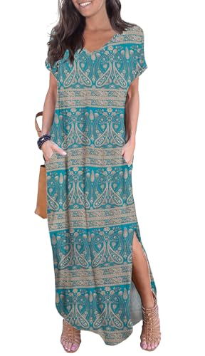 Image of GRECERELLE Women's Summer Maxi Dress Casual Loose V Neck Short Sleeve Side Split Long Dresses with Functional Pockets