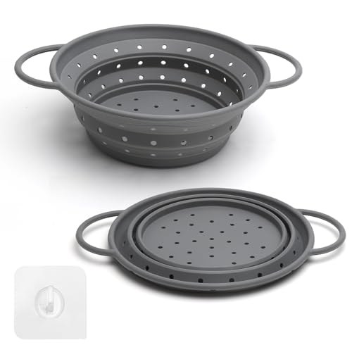 Sieb aus Silikon faltbar 22 cm Ø Grau,Silikon-Küchensieb mit Griffen, Abtropfkorb zum Abtropfen,Nudelsieb für Pasta, Gemüse & Obst - Küchensieb spülmaschinenfest,für Küche und Camping, Grau