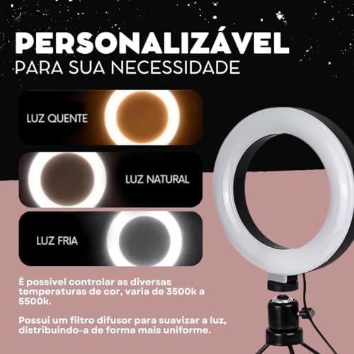 Ring Ligth de Mesa Iluminador de Led Tripé 6 Polegadas Com Suporte Celular.