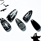 GLAMERMAID Black Press on Nails Medium Almond, Pure Black Jelly Gel Fake Nail, Gloss Glitter Magnetic Glue on Nail Short Oval, Reusable Acrylic Stiletto Stick on False Nail Kit for Women