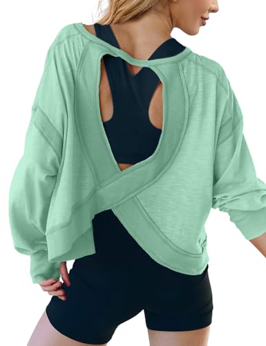 Image of UNIANKIYA Open Back Workout Tops for Women Long Sleeve Cropped Athletic Clothes Gym Running Yoga Low Impact Sports T Shirts