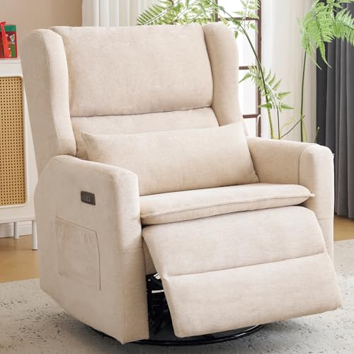 Image of Oversized Swivel Rocker Recliner with Lumbar Cushion, Power Recliner Nursery Chair with Adjustable Headrest, Nursery Glider Recliner for Living Room, Beige