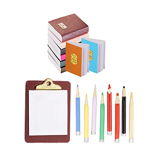 G0lden&Mang0 17 Pcs 1:12 Dollhouse Decor Set,8 Pcs Miniature Dollhouse Books ,1 Pc Miniature Clipboard and 8 Pcs Colored Pencils Playsets Dollhouse Stationery Supplies for Kids Gift (A)