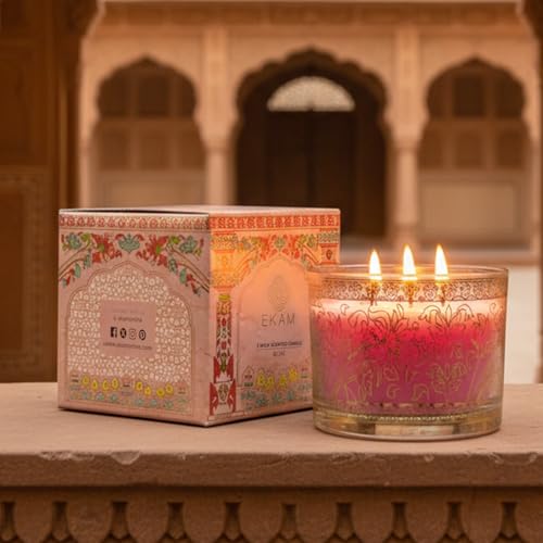 Image of EKAM 2025-26 Festive Fragrance Gift| Scented 3 Wick Candle| Rose | Inspired by Pink Haveli | 28-Hour Burn | Essential Oil Infused | Gift Box for Diwali & Celebrations