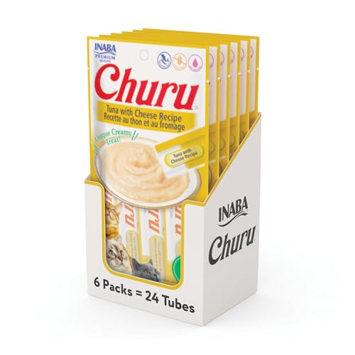 Image of INABA Churu Cat Treats, Grain-Free, Lickable, Squeezable Creamy Puree Cat Treat /Topper with Vitamin E & Taurine, 0.5 Ounces Each Tube, 24 Tubes (4 per Pack), Tuna with Cheese Recipe