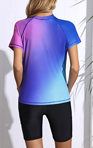 Halcurt Women's Adjustable Drawstring Rash Guard Top Short Sleeve Upf 50 Swim Shirt Ombre Pink Blue L #TOP1