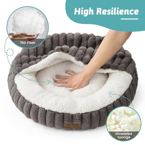Cat Bed with Hooded Blanket, Round Fluffy Anti-Anxiety Pet Bed for Cats/Toy Breed Dogs, Cozy Donut Cuddler with Machine Washable Faux Fur & Anti-Slip Bottom(20"×20"×6",Grey) - Image 6