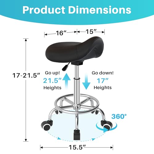 Image of YEEZEE Saddle Stool Ergonomic- Comfortable Rolling Saddle Stool with Wide Thick Saddle Seat Padding, Swivel Adjustable Saddle Chair with Wheels and Ring Pedal for Medical Massage Salon (Dark Black)