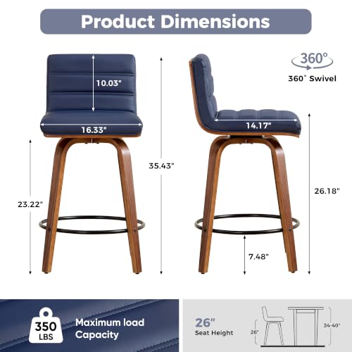 Image of Swivel Bar Stools Set of 6,26 inch Faux Leather Counter Height Barstools with Back,Mid Century Modern Upholstered Bar Chairs with Bentwood Legs Island Stools for Kitchen Counter Darkblue