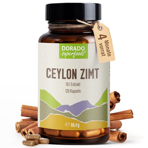 Ceylon Zimt Extrakt Kapseln Hochdosiert 470 mg 10:1 Extrakt pro Kapsel | Entspricht 4.700 mg Zimt | 10% Polyphenole | 120 Vegane HPMC-Kapseln | 120 Tage Vorrat | Dorado Superfoods