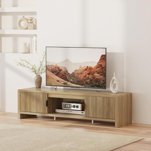 [en.casa] Mueble de TV Lukkodso con 1 Compartimento Abierto y 2 Cerrados 1 Pasacables Mueble de Salón con 2 Puertas Tablero Rectangular MDF 150 x 40 x 40 cm - Efecto Roble Medio Claro