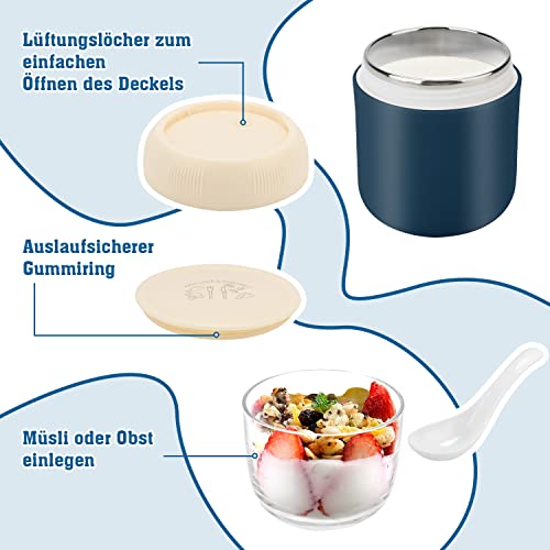 Foto von Müslibecher to go Joghurtbecher to go Becher Lunchpot 400ml+300ml Essensbehälter Auslaufsicherer Müsli to go Becher Edelstahl Joghurtbecher für Müsli Becher mit Löffel Thermos Essensbehälter Blau